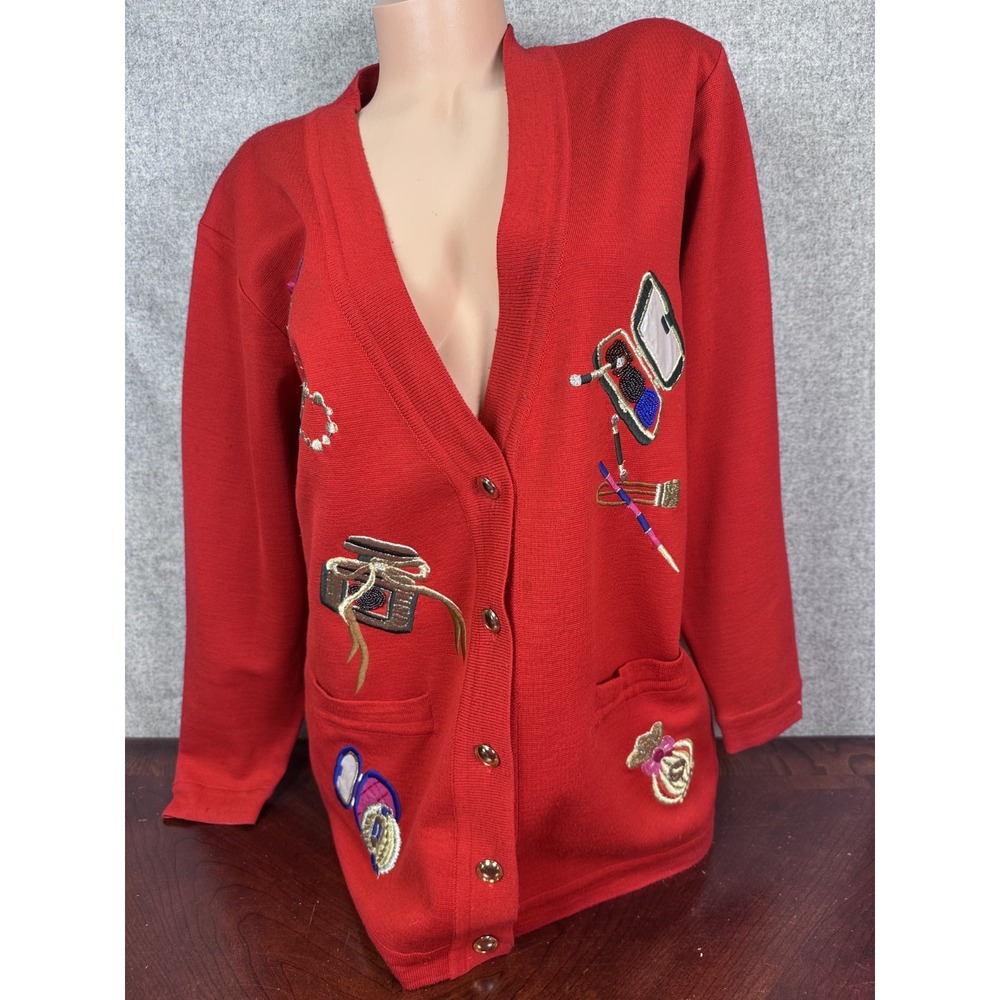 Suzelle Womens Cardigan Large Sweater Red Embroidered Cosmetics Button 90s